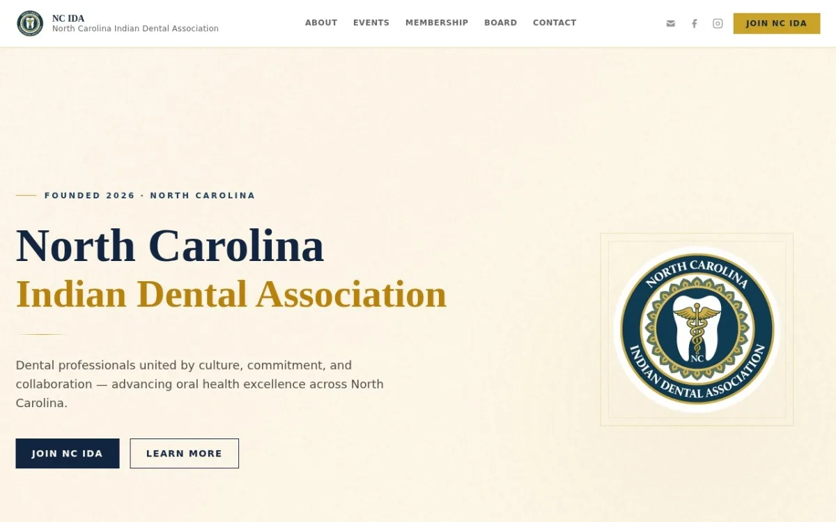 Screenshot of ncida.org — the North Carolina Indian Dental Association association website designed and built by Militech International